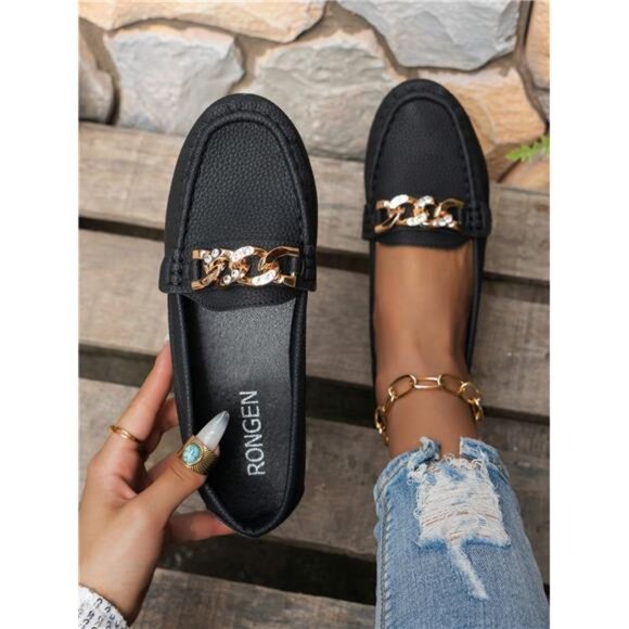Variété Boutique Shoes - Metal Chain Decorated Round Toe Flat Casual Slip-Resistant Black Loafers